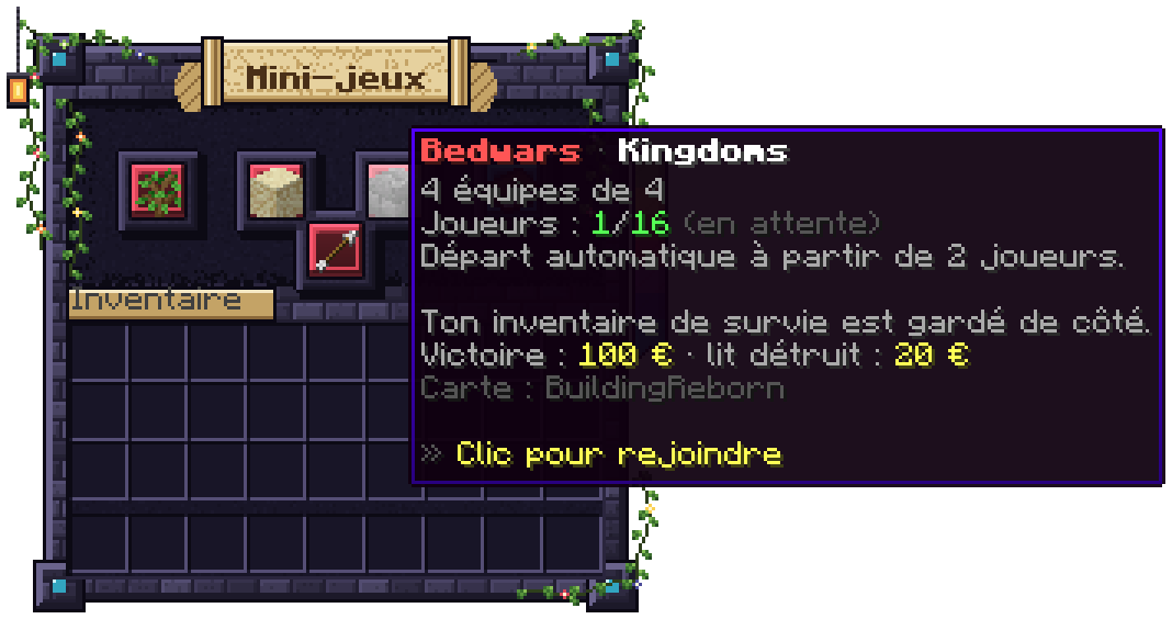 Le menu des mini-jeux